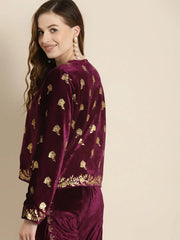 Women Printed Purple Round Neck Full Sleeve Jacket