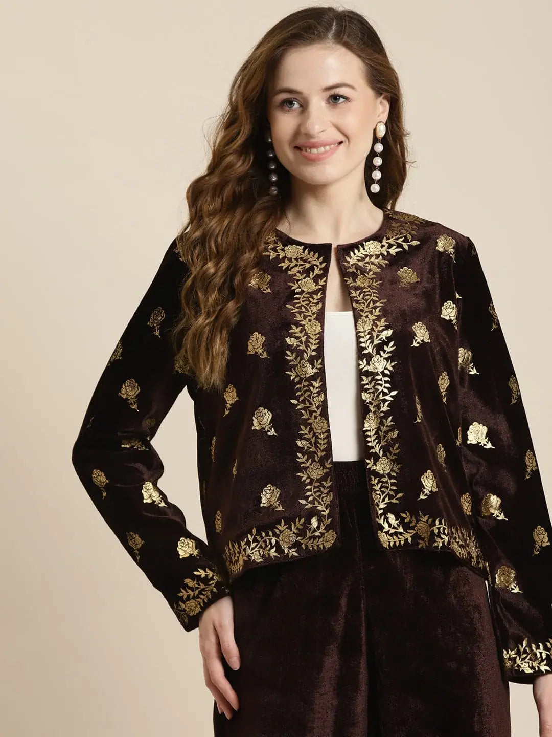 Women Printed Brown Round Neck Full Sleeve Jacket