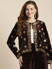 Women Printed Brown Round Neck Full Sleeve Jacket