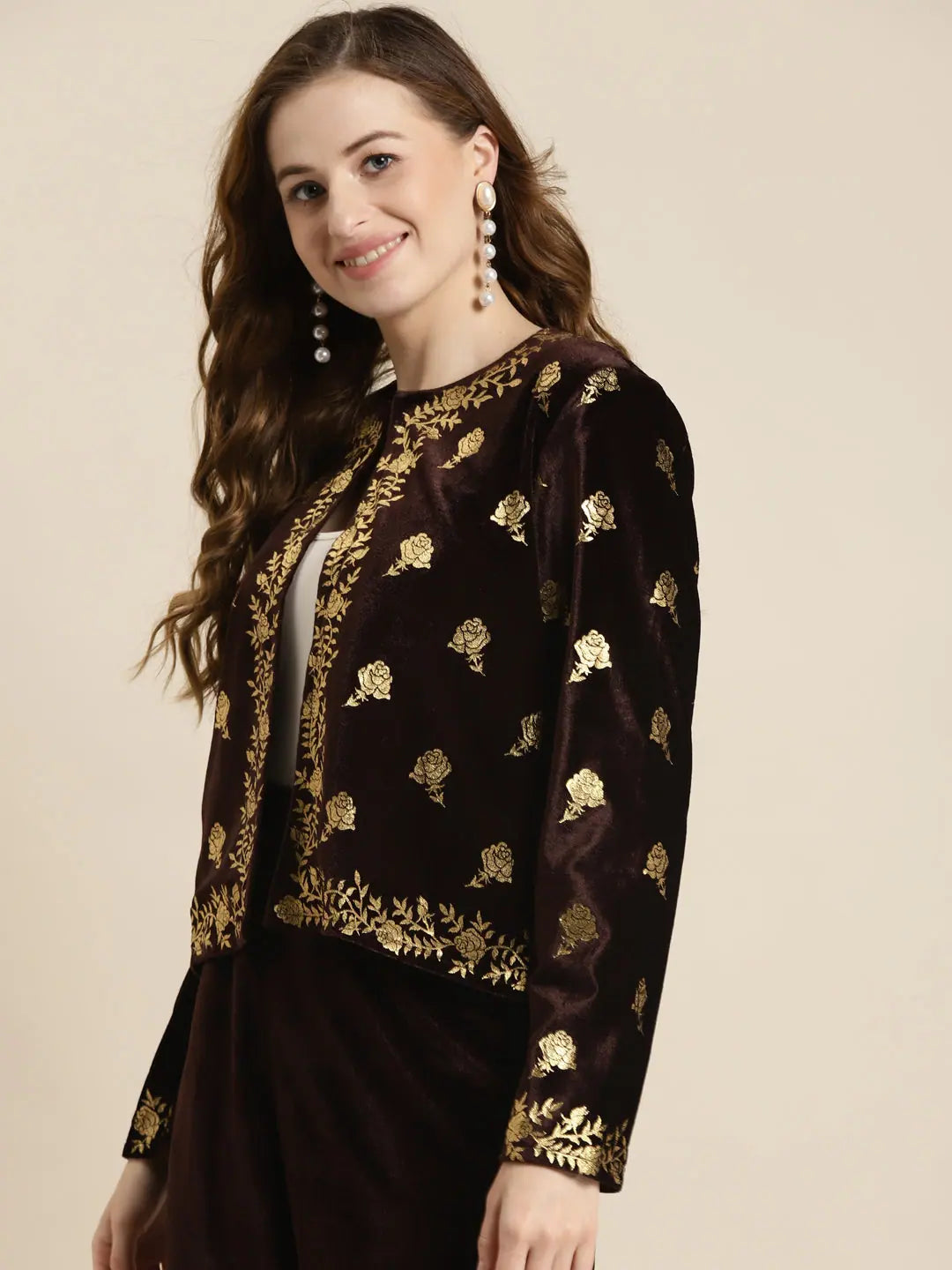 Printed Brown Velvet Jacket | Trendy Jackets for Women