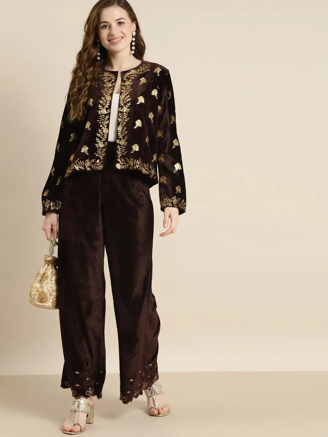 Printed Brown Velvet Jacket | Trendy Jackets for Women