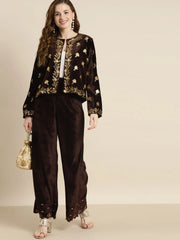 Women Printed Brown Round Neck Full Sleeve Jacket