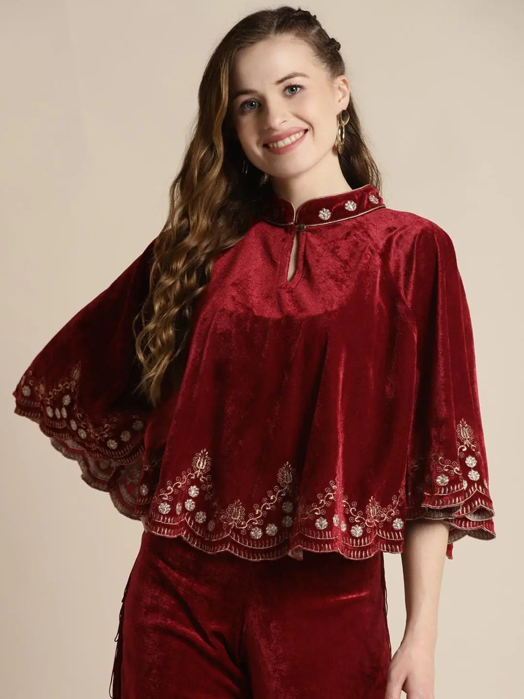 Women Embroidered Maroon Sleeveless Jacket
