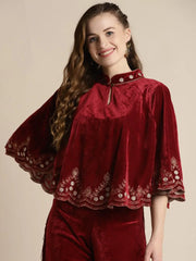 Women Embroidered Maroon Sleeveless Jacket