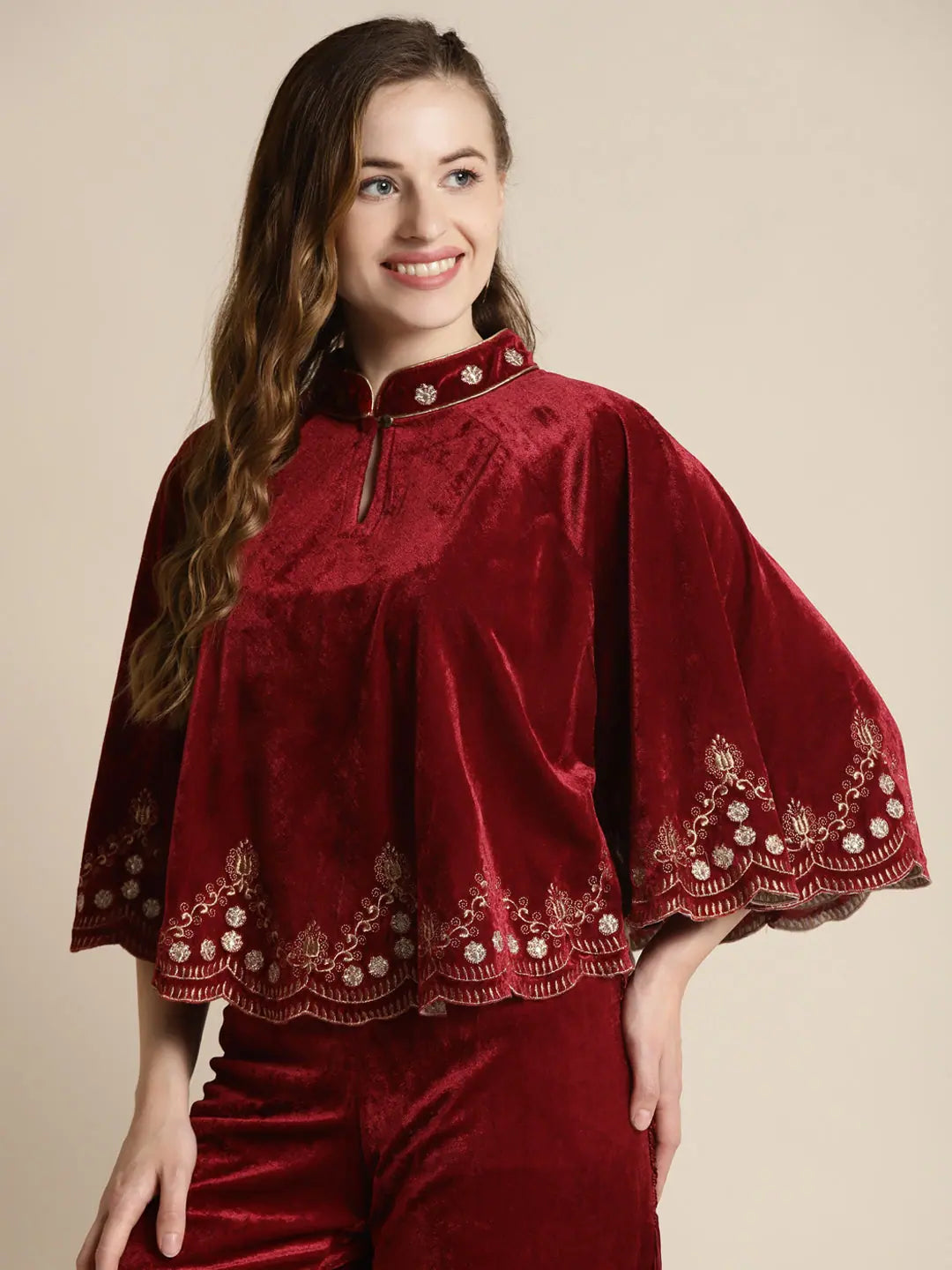 Embroidered Maroon Sleeveless Jacket | Women's Fashion Jackets