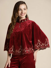 Women Embroidered Maroon Sleeveless Jacket