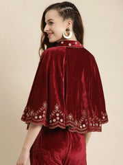Women Embroidered Maroon Sleeveless Jacket