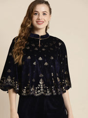 Women Printed Navy Sleeveless Jacket