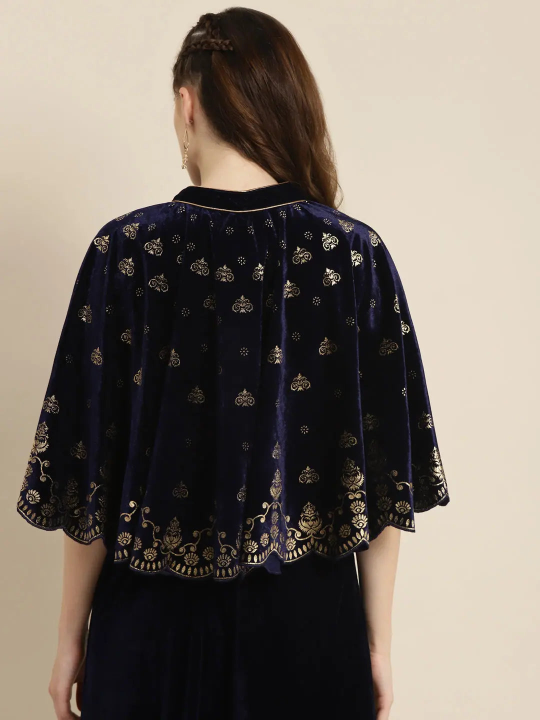 Women Printed Navy Sleeveless Jacket