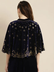 Women Printed Navy Sleeveless Jacket