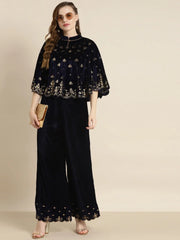 Women Printed Navy Sleeveless Jacket