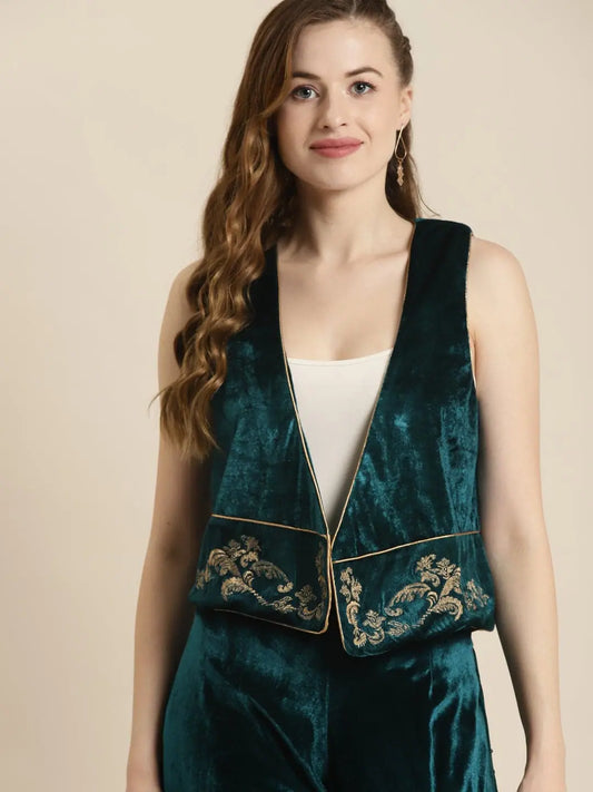 Women Embroidered Teal Sleeveless Jacket 1080