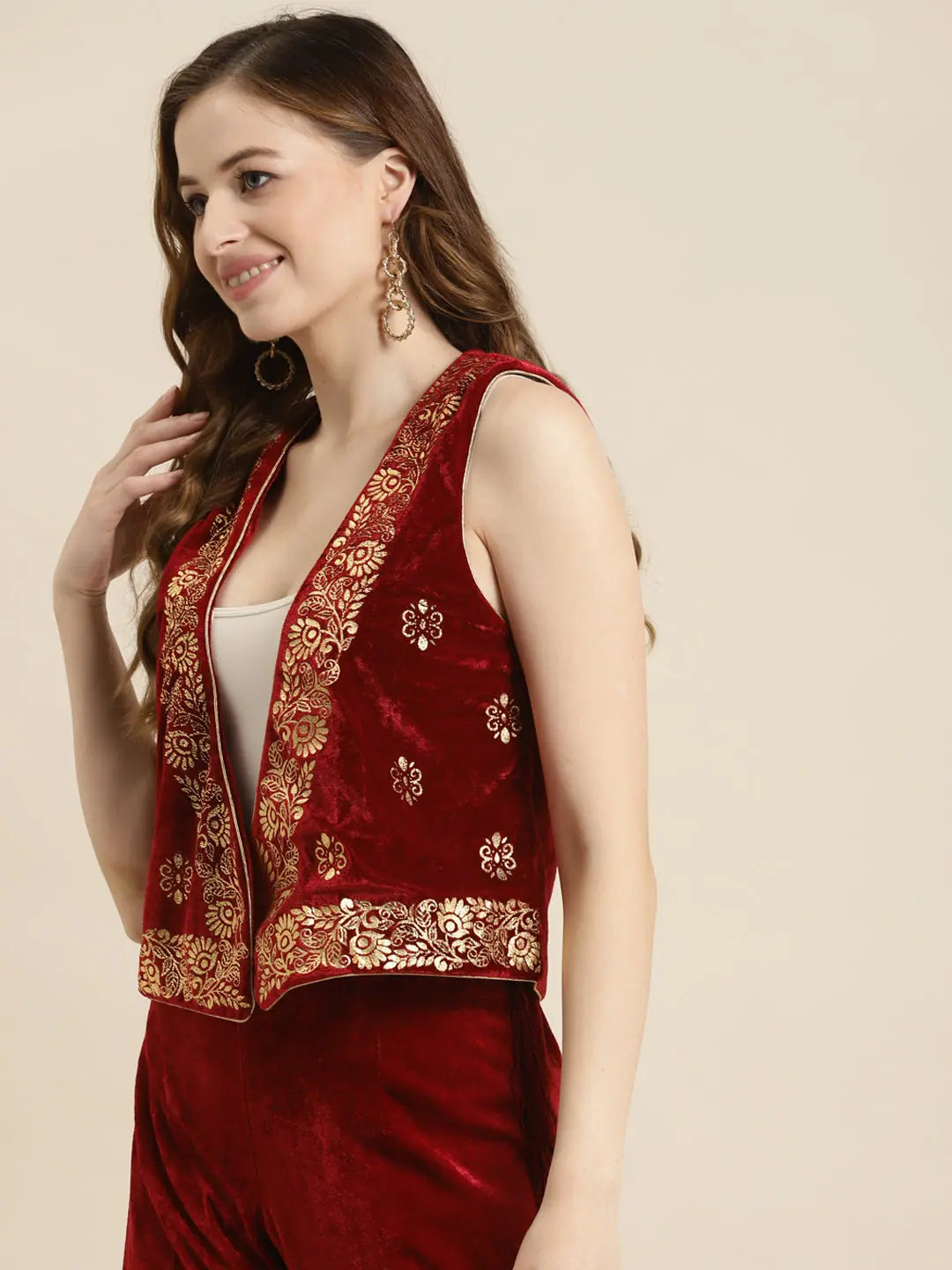 Maroon Foil Print Waistcoat - Women's Fashion Jackets