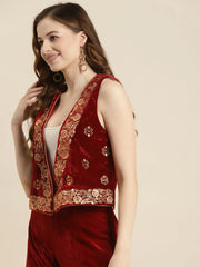Women Printed Maroon Sleeveless Jacket