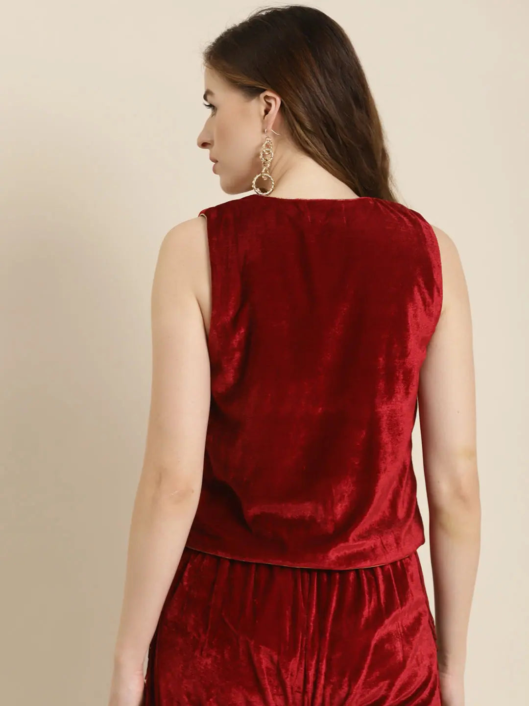 Women Printed Maroon Sleeveless Jacket