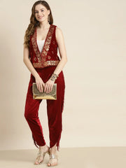 Women Printed Maroon Sleeveless Jacket