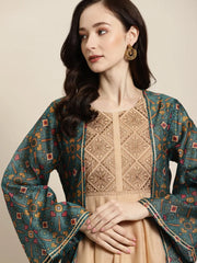 Women Printed Teal Full Sleeve Jacket