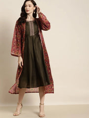 Women Printed Maroon Full Sleeve Jacket