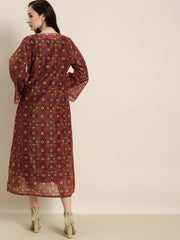 Women Printed Maroon Full Sleeve Jacket