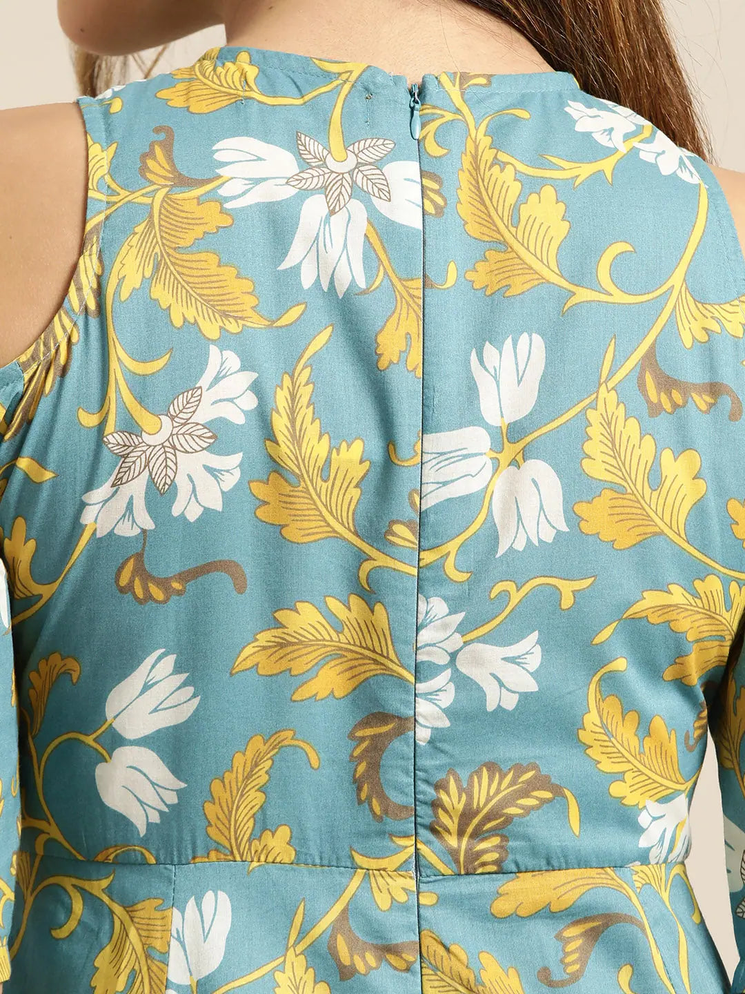 Turquoise Floral Cold Shoulder Indian Kurta for Women