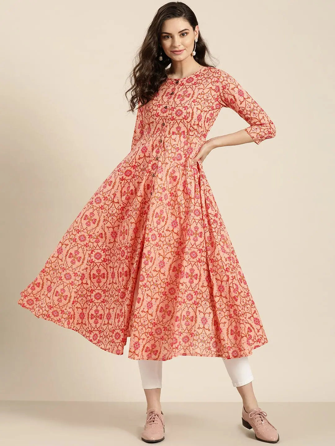 Peach Floral Anarkali Kurta | Rayon Anarkali Kurti for Women