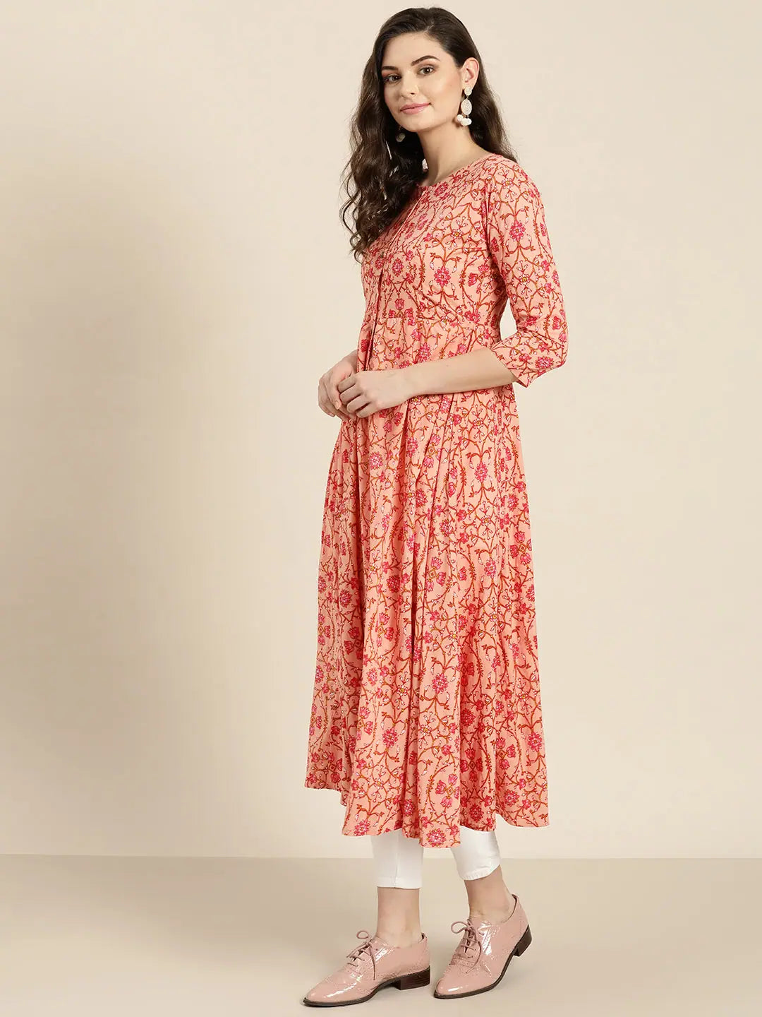 Peach Floral Anarkali Kurta | Rayon Anarkali Kurti for Women