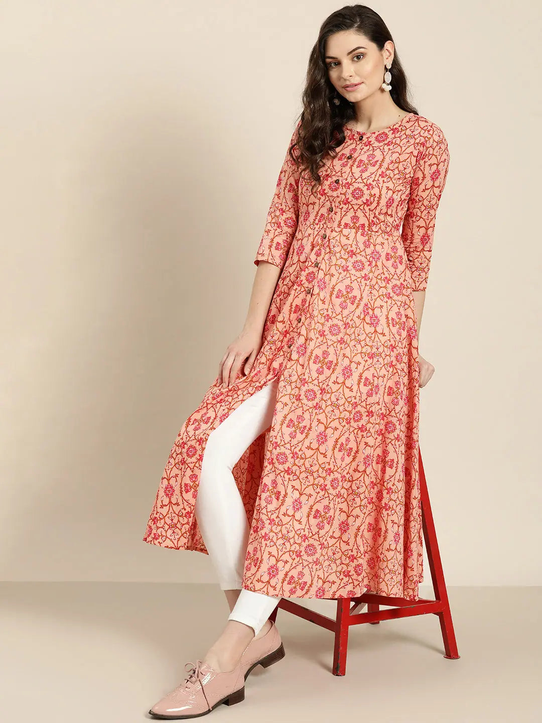 Peach Floral Anarkali Kurta | Rayon Anarkali Kurti for Women