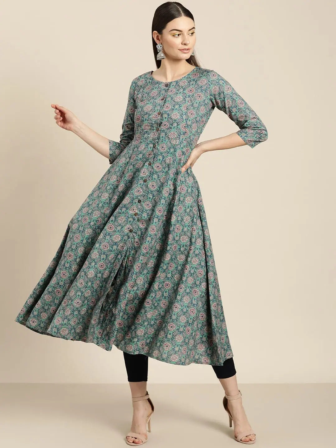 Sea Green Floral Anarkali Kurta | Rayon Anarkali Kurti