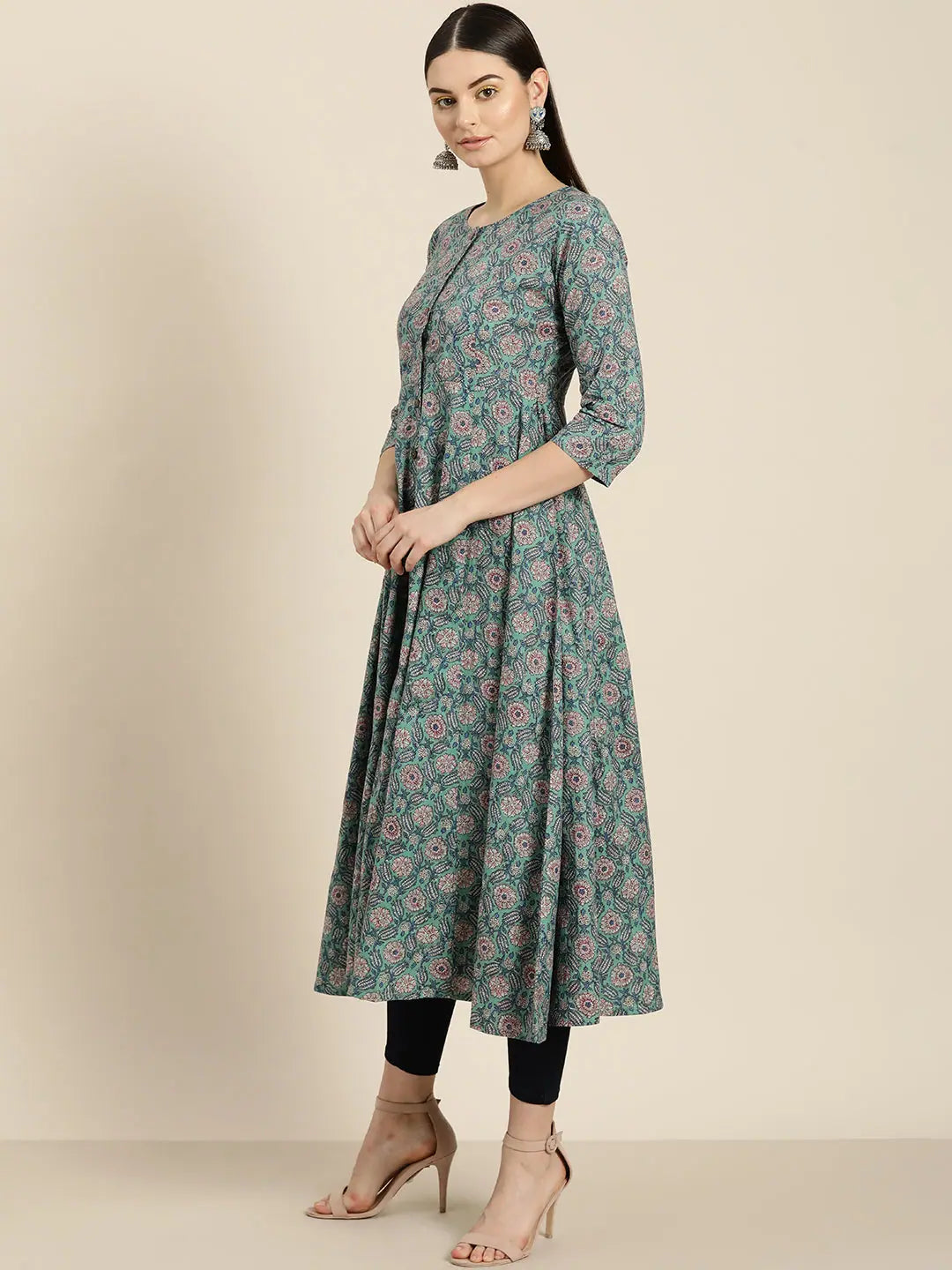 Sea Green Floral Anarkali Kurta | Rayon Anarkali Kurti