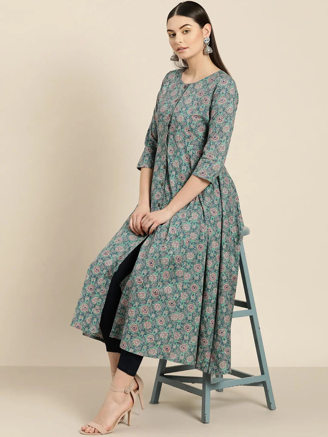 Sea Green Floral Anarkali Kurta | Rayon Anarkali Kurti