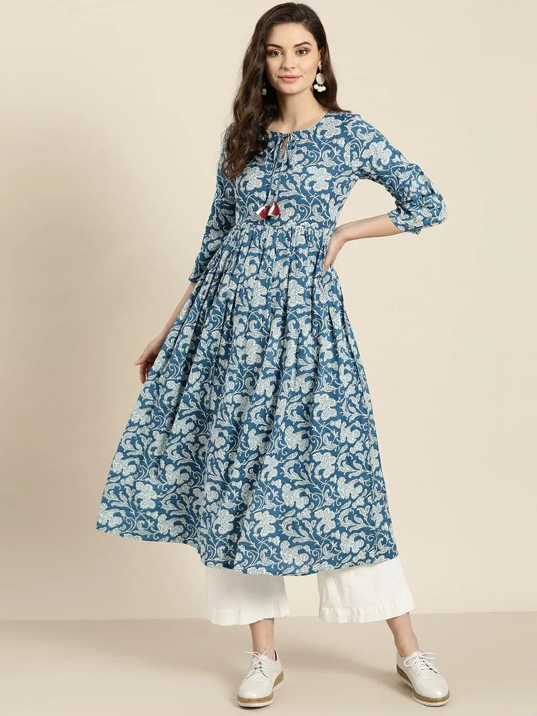 Blue Floral Gathered Indian Kurta for Women | Trendy Kurtas
