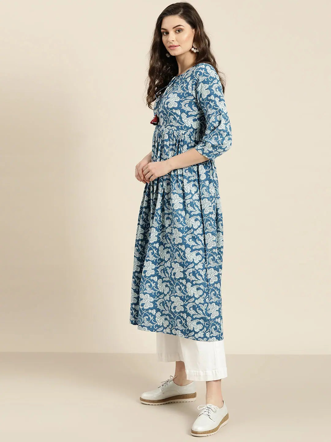 Blue Floral Gathered Indian Kurta for Women | Trendy Kurtas