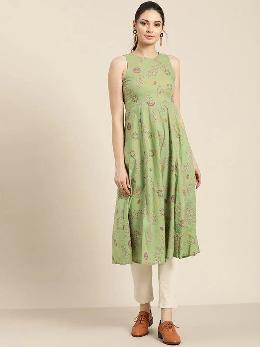 Green Printed Sleeveless Kurta 1080