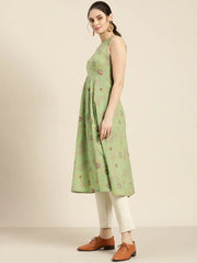 Green Printed Sleeveless Kurta