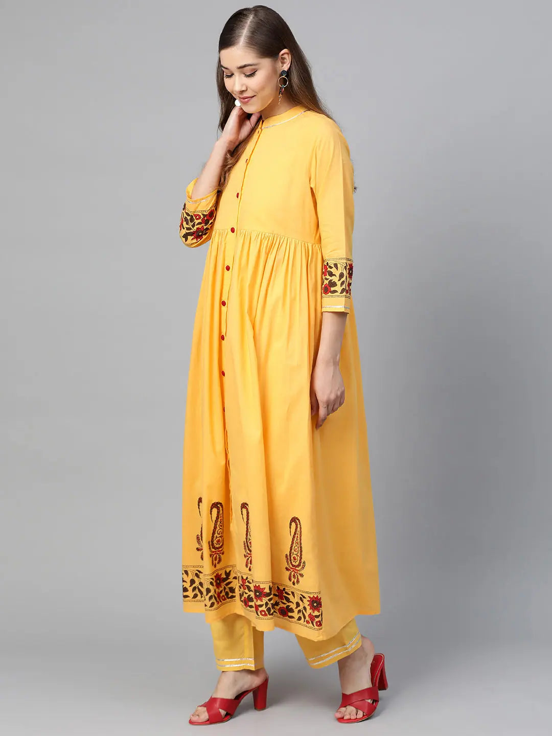 Yellow Block Print Indian Kurta for Women - Cotton Kurtas Online