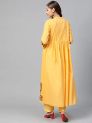 Yellow Border Block Print Front Button Kurta