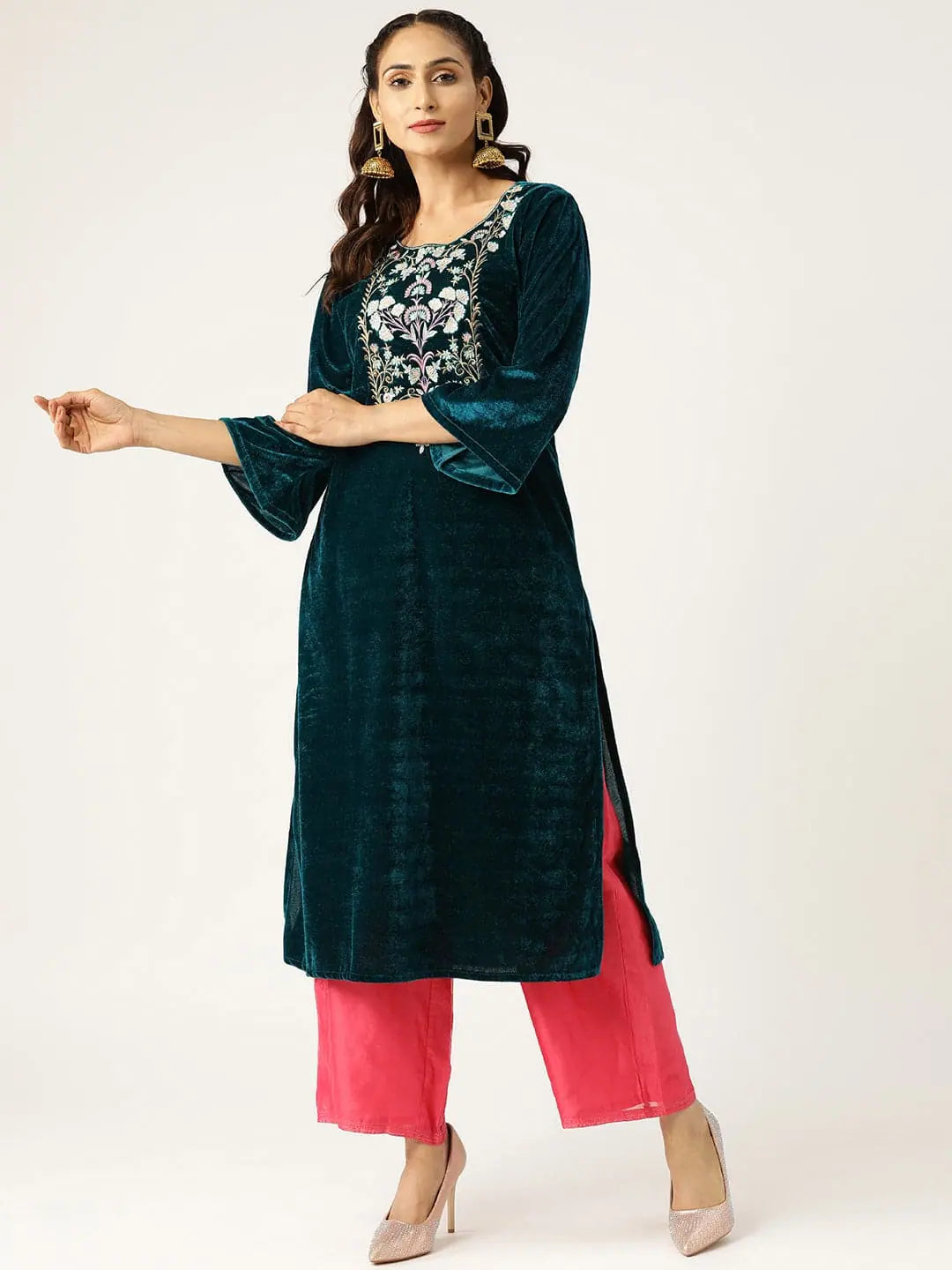 Green Zari Embroidered Velvet Kurta | Indian Kurta Ladies
