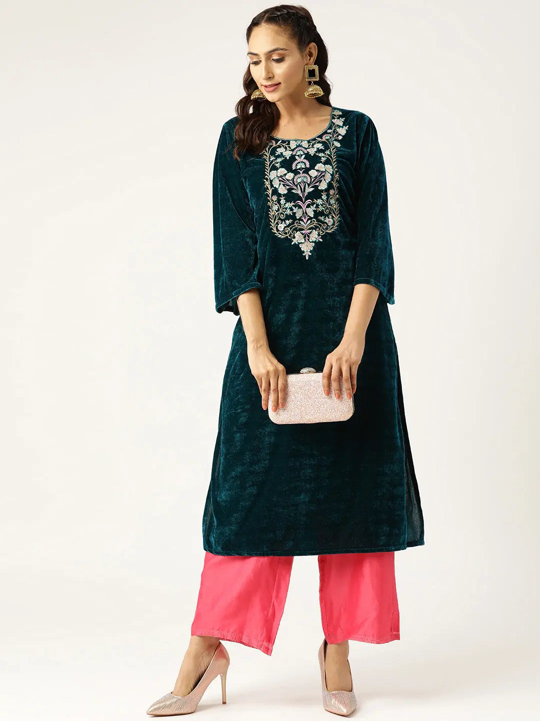 Green Zari Embroidered Velvet Kurta | Indian Kurta Ladies