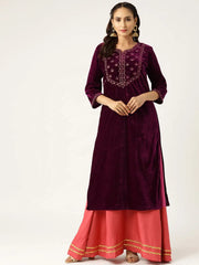 Purple Zari Embroidery V-Slit Straight Velvet Kurta