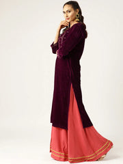 Purple Zari Embroidery V-Slit Straight Velvet Kurta