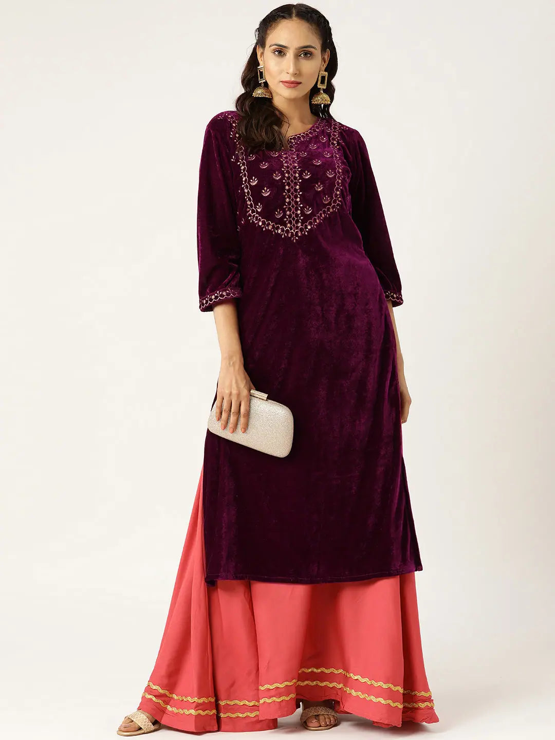 Purple Velvet Zari Embroidered Straight Fit Indian Kurta