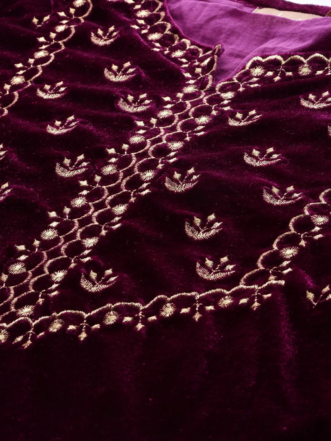Purple Velvet Zari Embroidered Straight Fit Indian Kurta