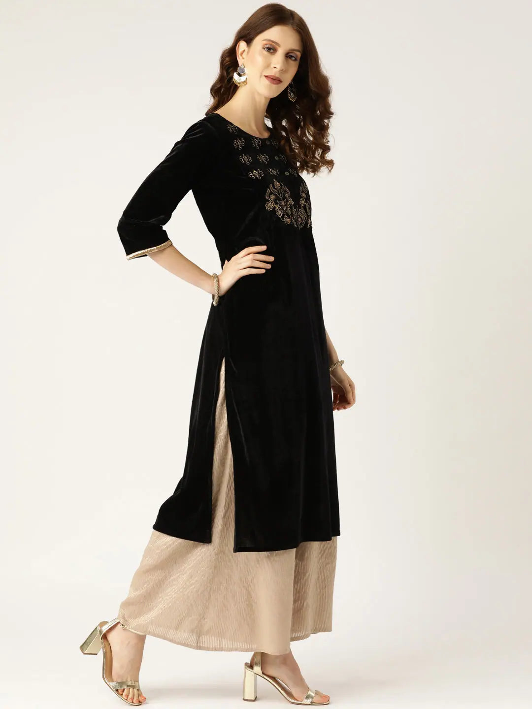 Black Zari Embroidered Velvet Indian Kurtas for Women