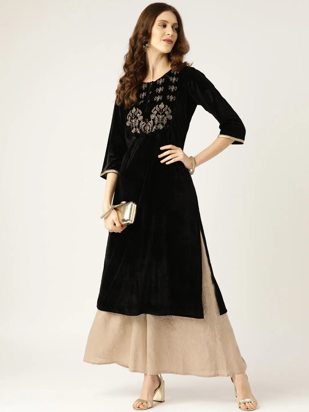 Black Zari Embroidered Velvet Indian Kurtas for Women