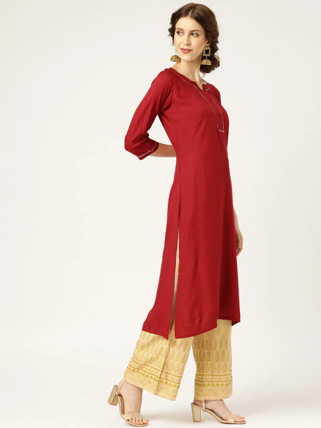 Maroon Embroidered Rayon Indian Kurta for Women