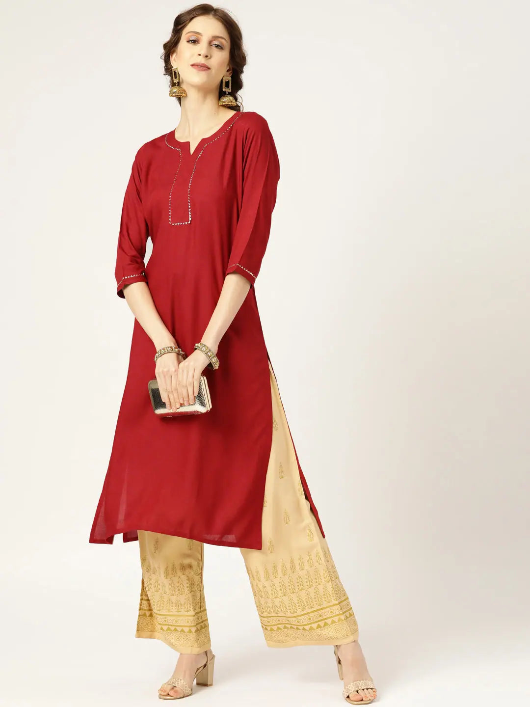Maroon Embroidered Rayon Indian Kurta for Women