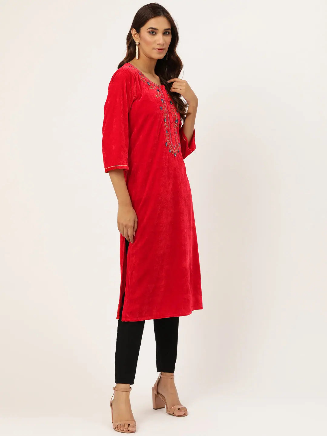 Red Velvet Zari Embroidered Indian Kurta for Women Online