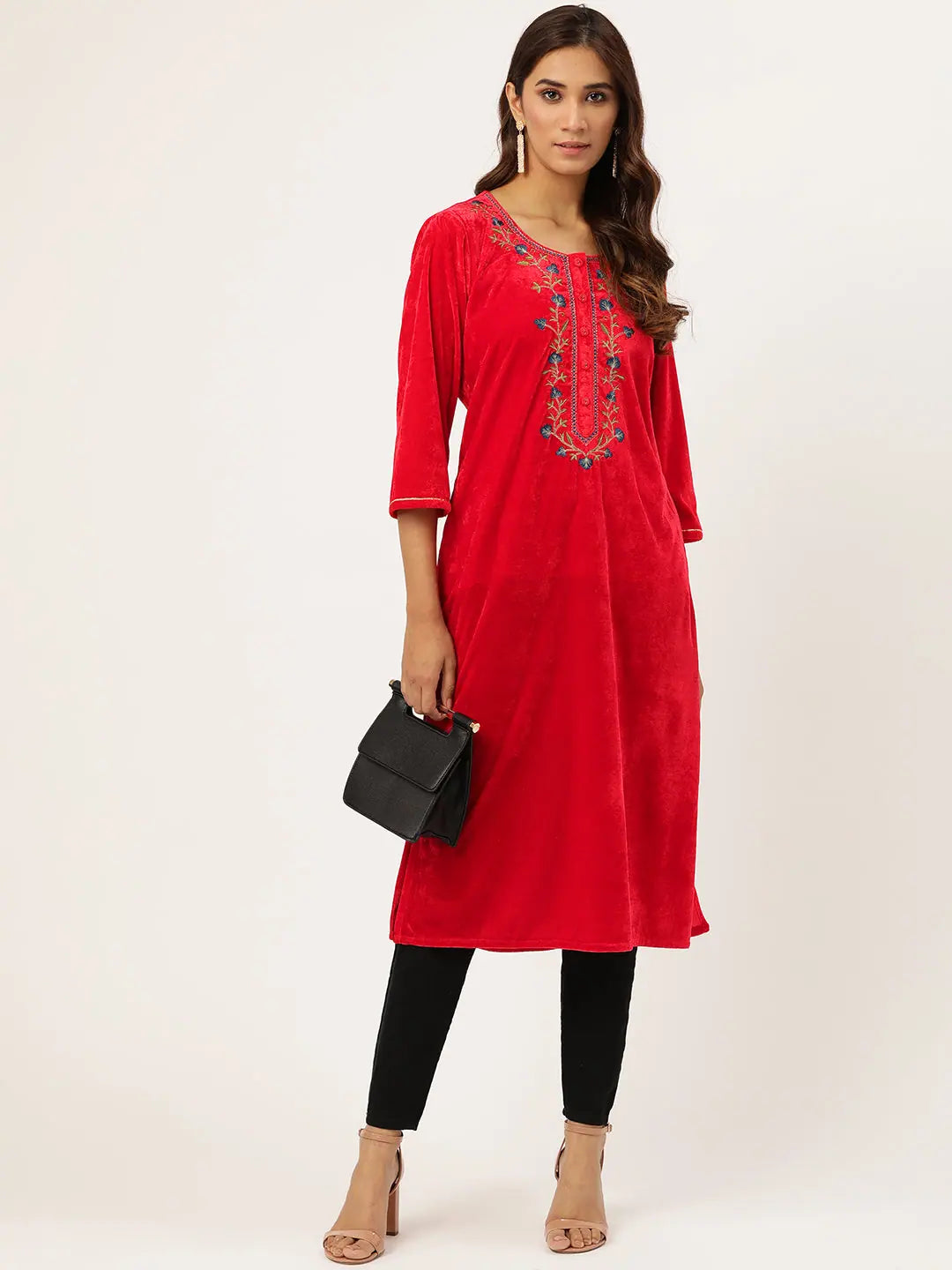 Red Velvet Zari Embroidered Indian Kurta for Women Online