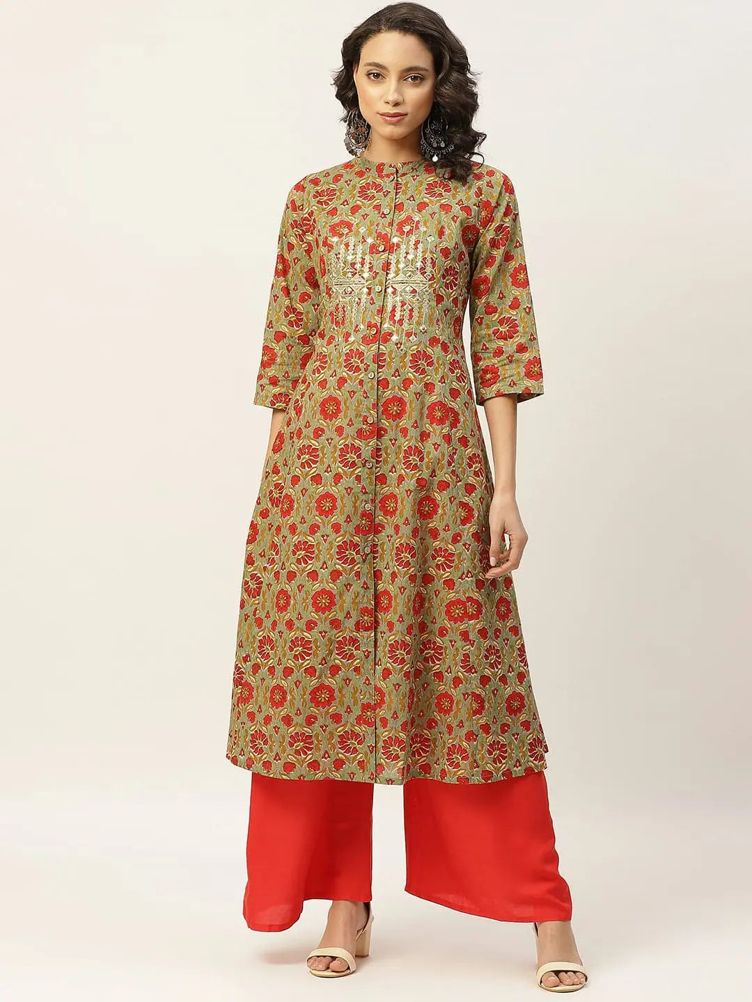 Grey Floral Print Indian Kurta for Women with Zari Work