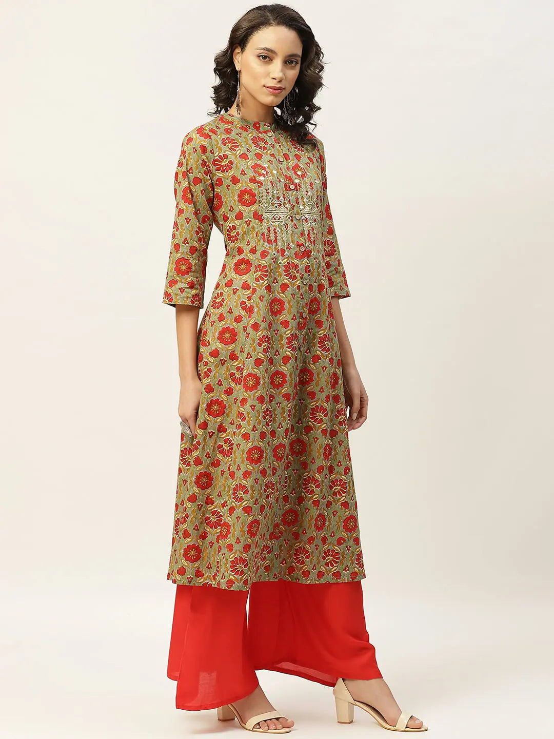 Grey Floral Print Indian Kurta for Women with Zari Work